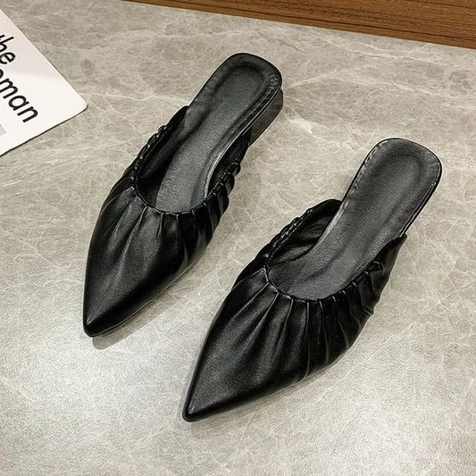 [39] Chunky Heel Pointed Toe Plain Ruched Faux Leather Mules