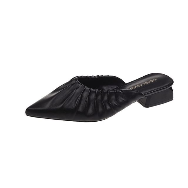 [39] Chunky Heel Pointed Toe Plain Ruched Faux Leather Mules
