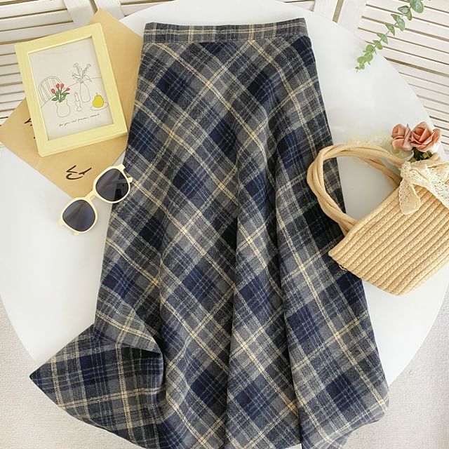 Plaid Midi Skirt with A-Line Silhouette and High Rise