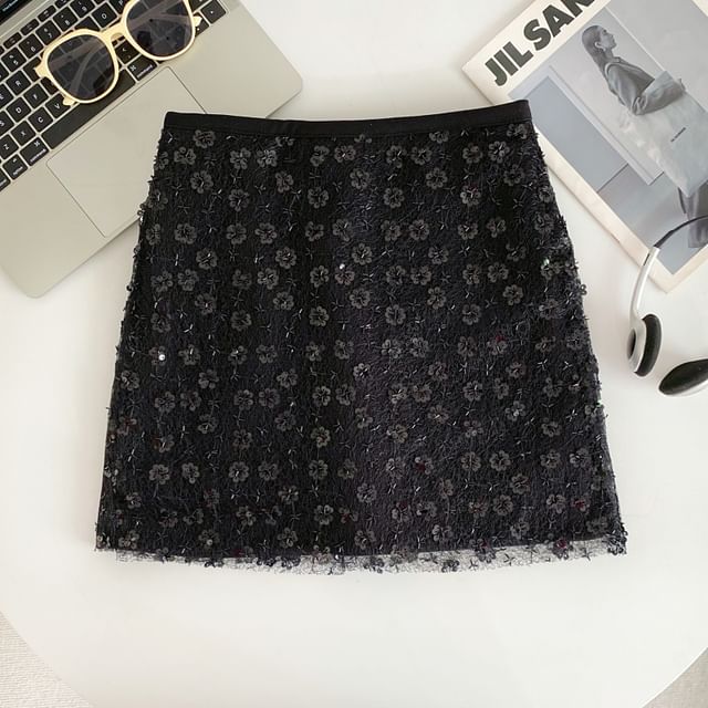 Sequined A-Line Mini Skirt with High Waist