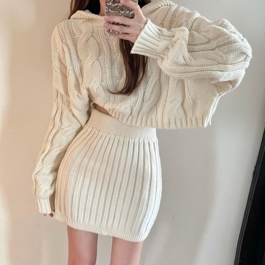 Cable Knit Hooded Sweater and Ribbed Mini Skirt Set