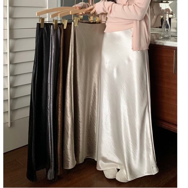 Lustrous Satin Midi Skirt with High Waist