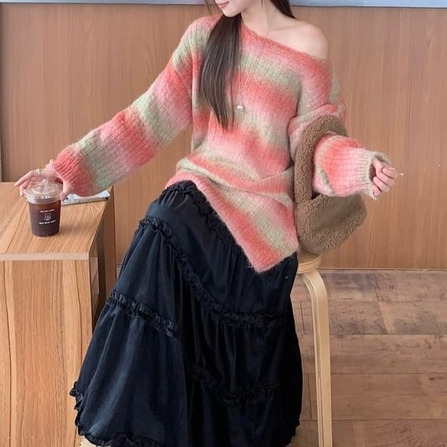 Striped Off-Shoulder Sweater and Maxi A-Line Skirt Set