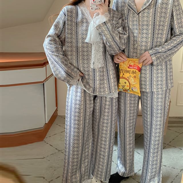 Couple Matching Pajama Set: Long-Sleeve Floral Print Button-Up Shirt + Pants