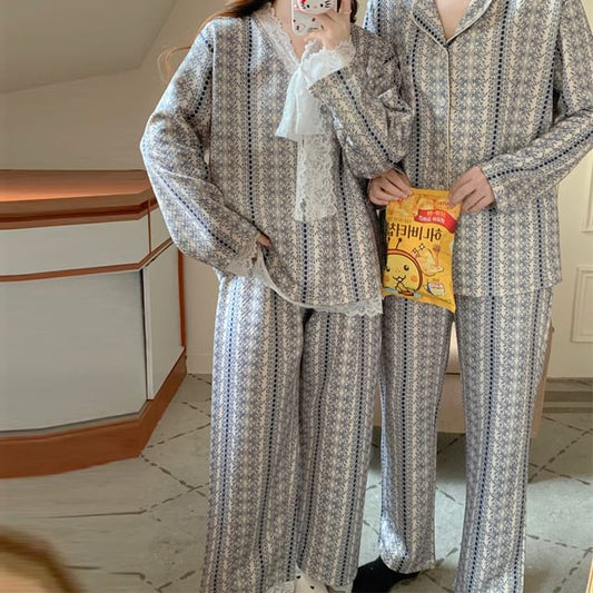 Couple Matching Pajama Set: Long-Sleeve Floral Print Button-Up Shirt + Pants