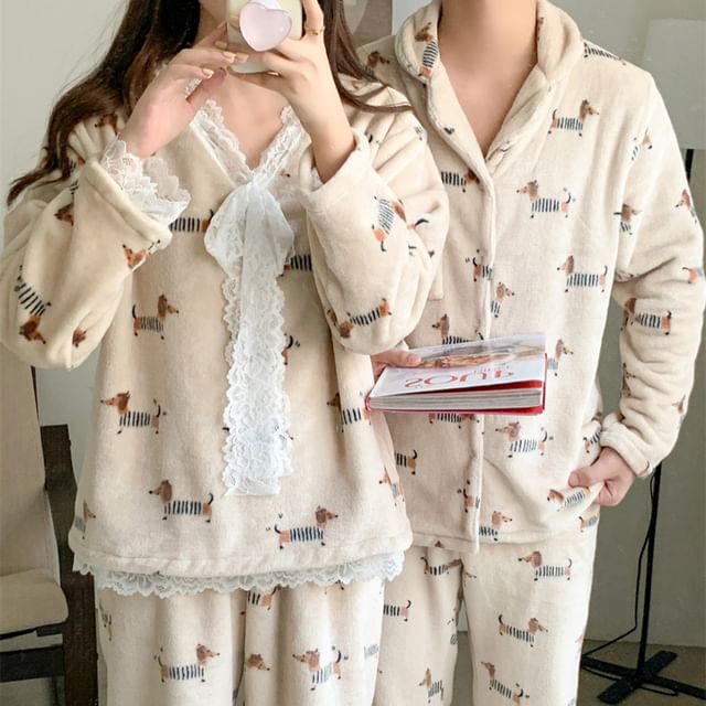 Couple Matching Pajama Set: Long-Sleeve Dog Print Button-Up Flannel Shirt + Pants