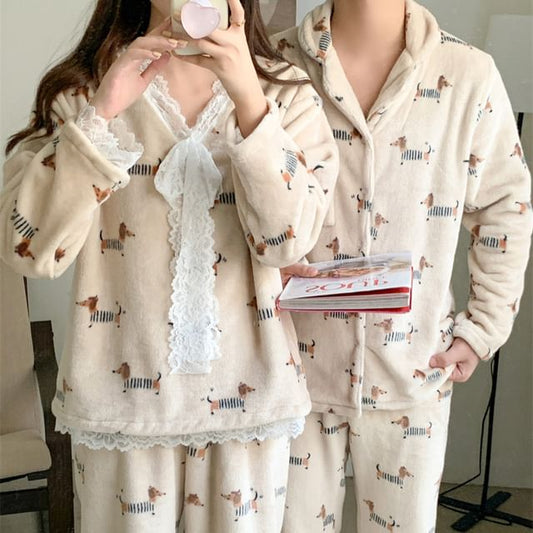 Couple Matching Pajama Set: Long-Sleeve Dog Print Button-Up Flannel Shirt + Pants
