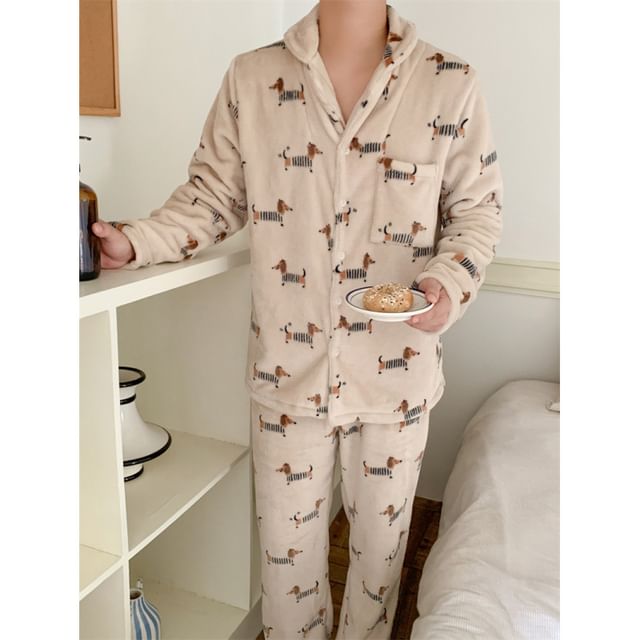 Couple Matching Pajama Set: Long-Sleeve Dog Print Button-Up Flannel Shirt + Pants