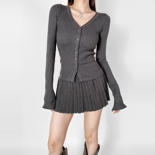 Ribbed Knit Cardigan with Mini Pleated Skirt - V-Neck