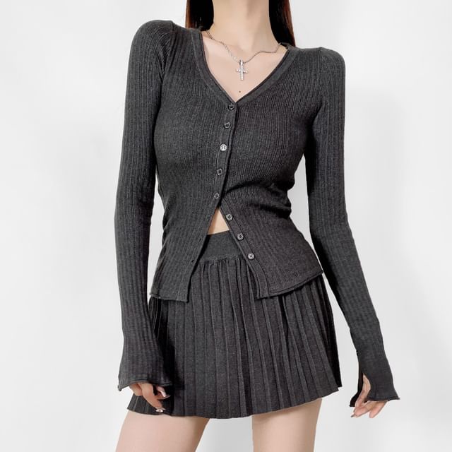 Ribbed Knit Cardigan with Mini Pleated Skirt - V-Neck