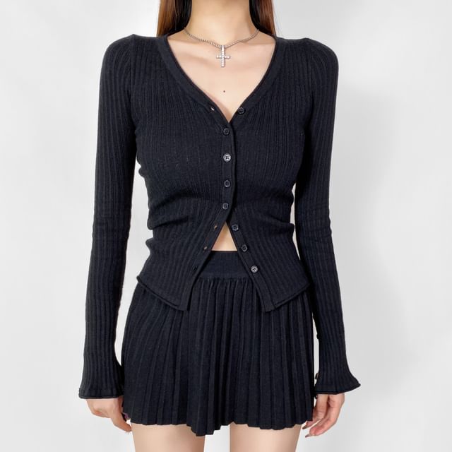 Ribbed Knit Cardigan with Mini Pleated Skirt - V-Neck
