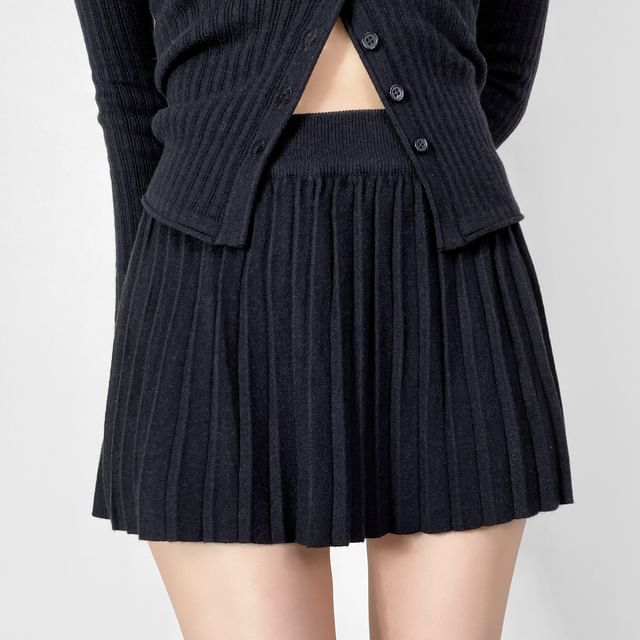 Ribbed Knit Cardigan with Mini Pleated Skirt - V-Neck