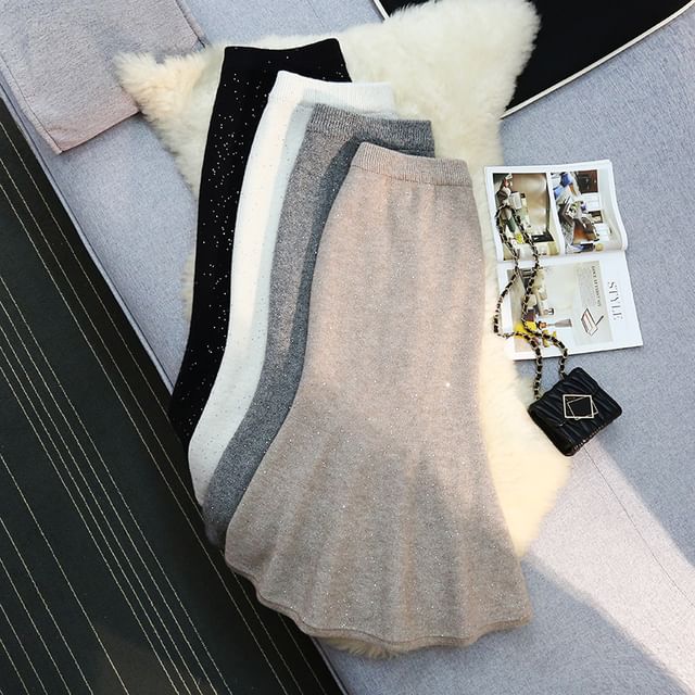 Glitter Fishtail Midi Skirt with High Waist