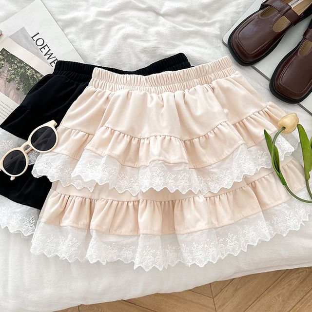 Lace Trim Mini A-Line Skirt with High Waist