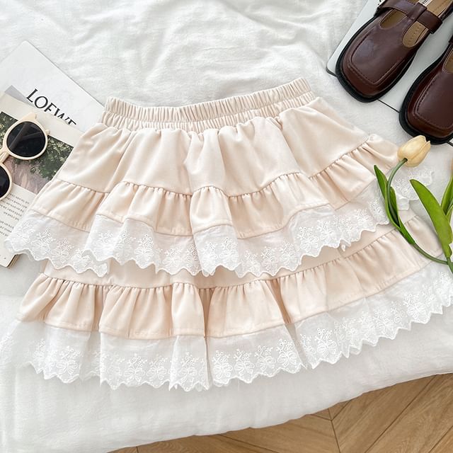 Lace Trim Mini A-Line Skirt with High Waist