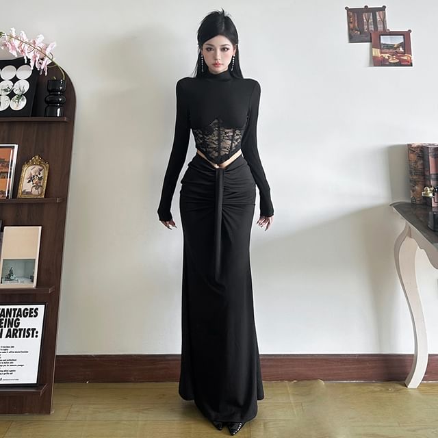 Mock Neck Lace Panel Top and Ruched Maxi Skirt Set