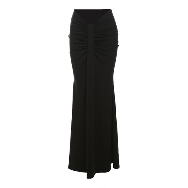 Mock Neck Lace Panel Top and Ruched Maxi Skirt Set