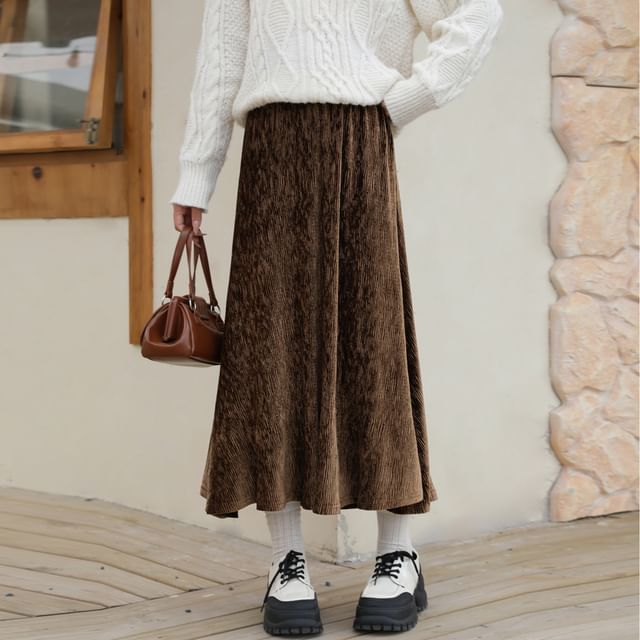 Velvet A-Line Midi Skirt - High Rise