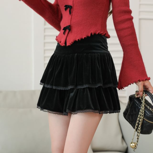 Lace Trimmed Velvet Mini Skirt with Layers - High Waist