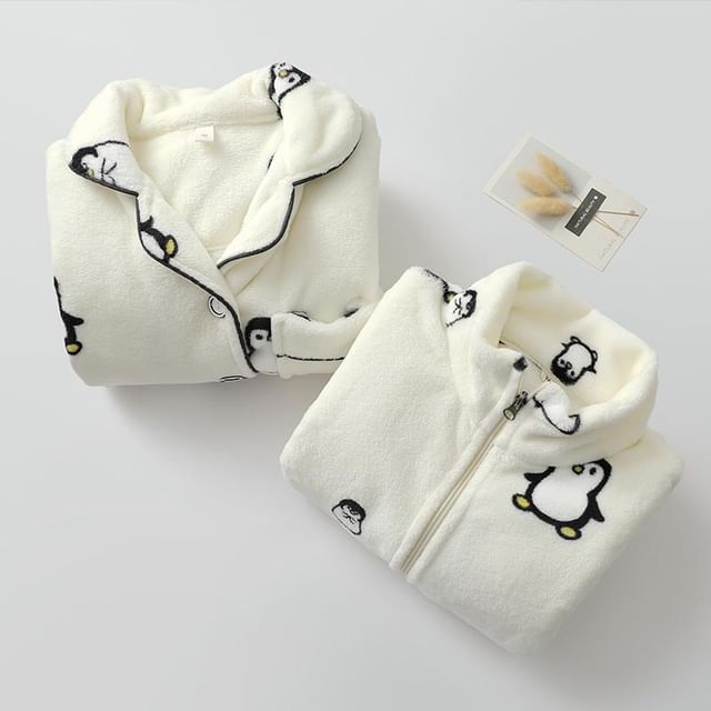 Couple Matching Pajama Set: Long-Sleeve Penguin Print Top + Pants (Various Designs)