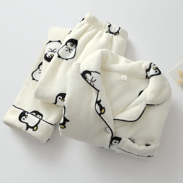 Couple Matching Pajama Set: Long-Sleeve Penguin Print Top + Pants (Various Designs)