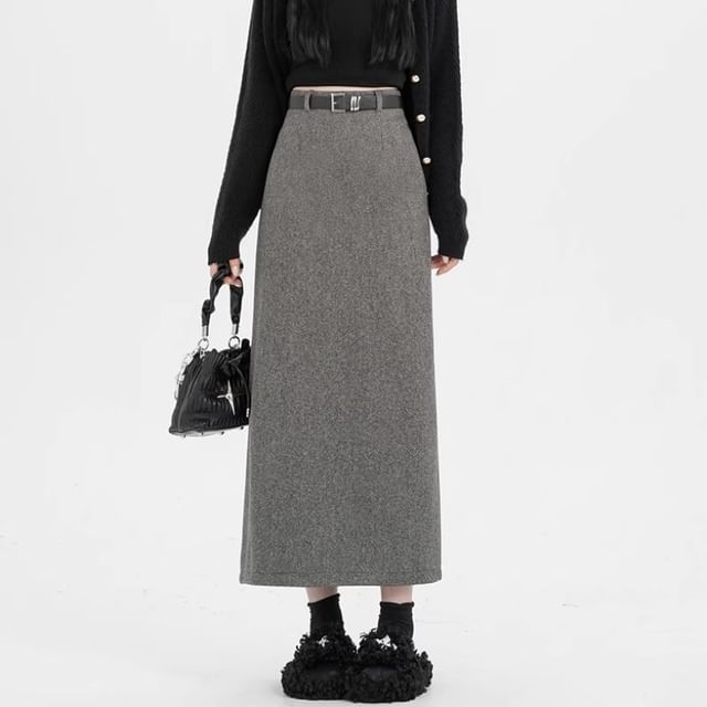 Slit Midi Straight Skirt with High Waist