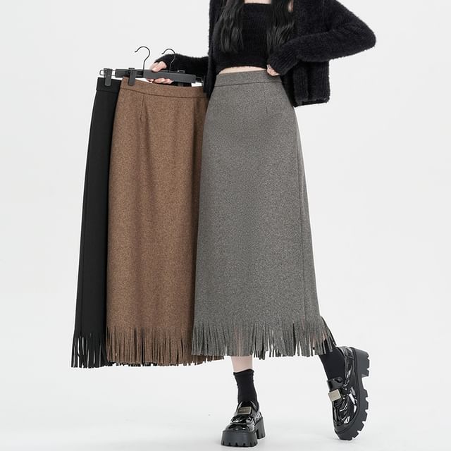 Fringed Midi A-Line Skirt with High Rise
