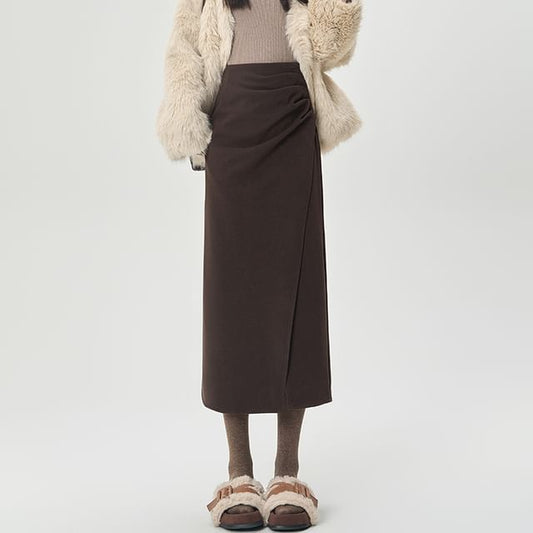 Asymmetric Ruched Midi Pencil Skirt with Side Slit - High Rise
