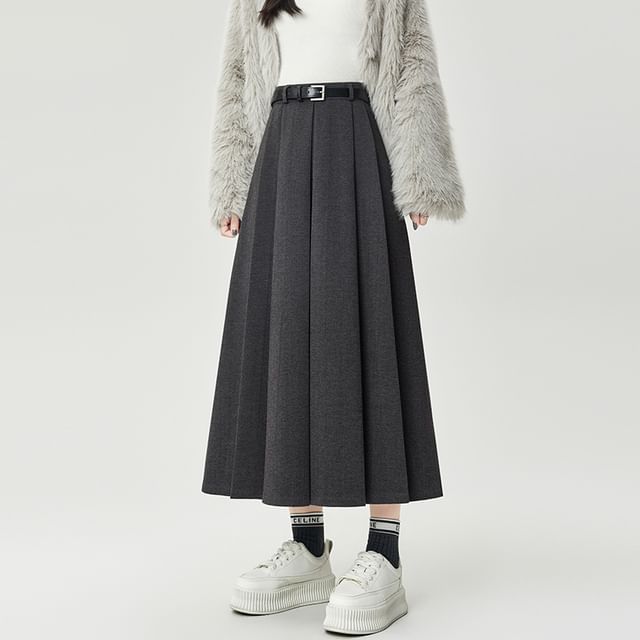 Pleated Flared Midi Skirt - High Waist