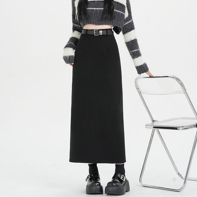 Slit Midi Straight Skirt with High Waist