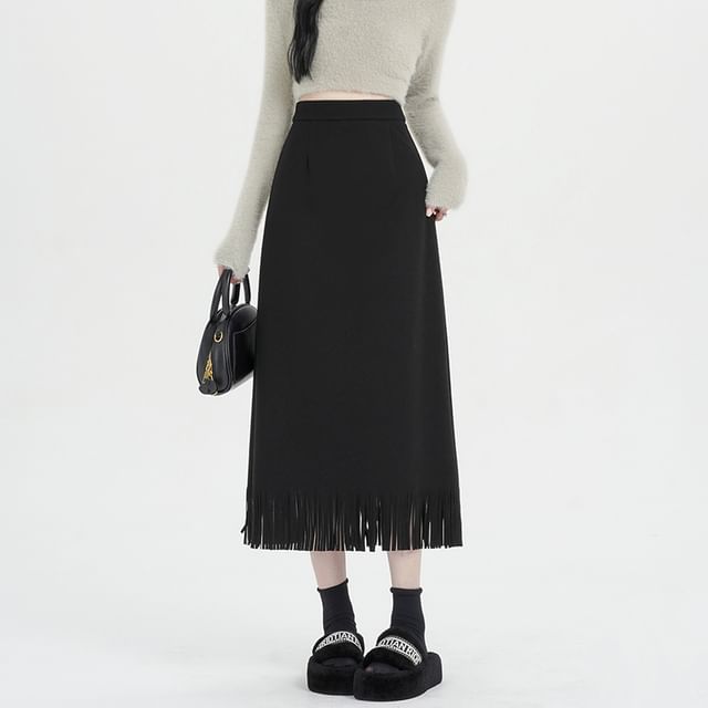 Fringed Midi A-Line Skirt with High Rise