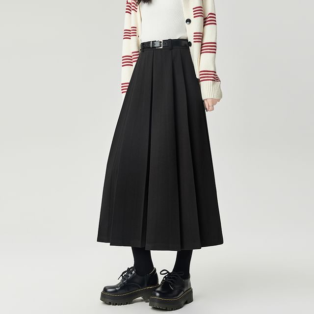 Pleated Flared Midi Skirt - High Waist