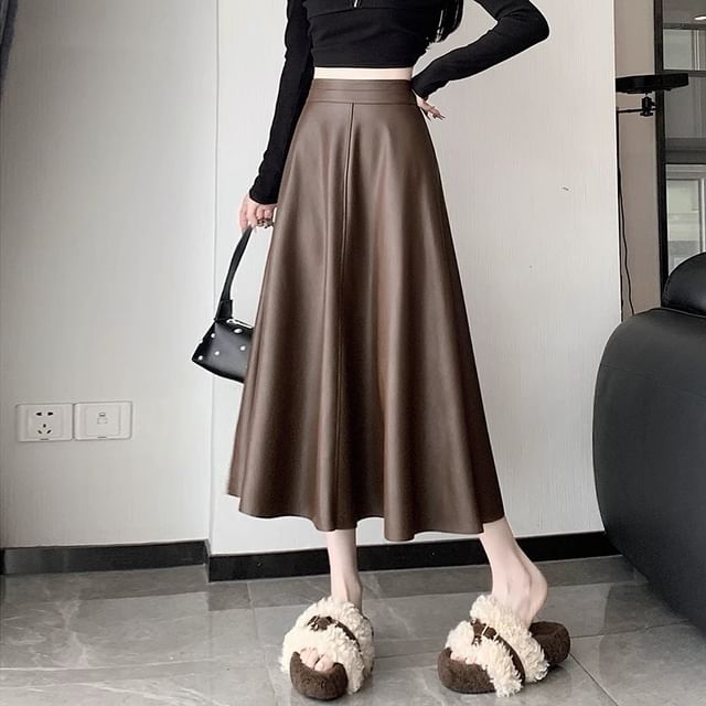 Faux Leather Midi Skirt - High Waist