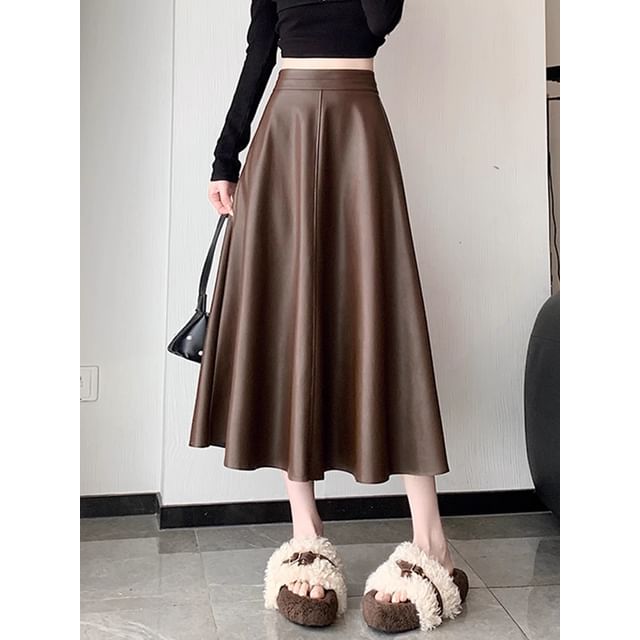 Faux Leather Midi Skirt - High Waist