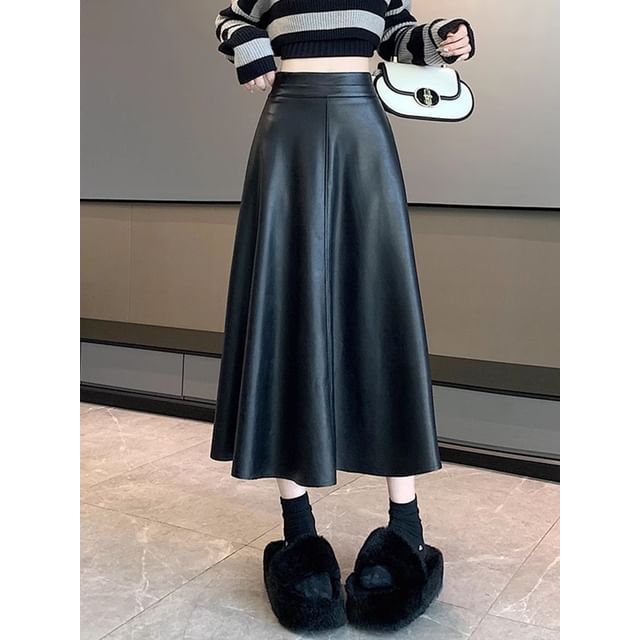 Faux Leather Midi Skirt - High Waist