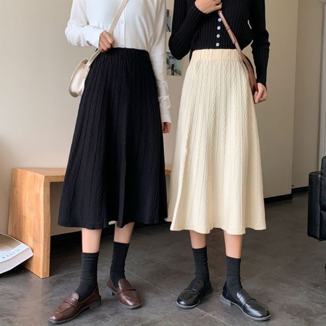 Knit A-Line Midi Skirt - High Waist