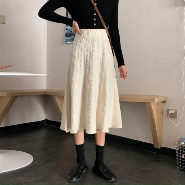 Knit A-Line Midi Skirt - High Waist