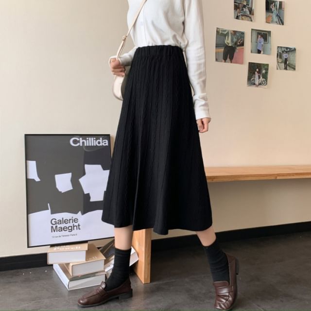 Knit A-Line Midi Skirt - High Waist