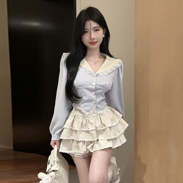 Contrast Collar Blouse with Lace Trim and Tiered Skirt