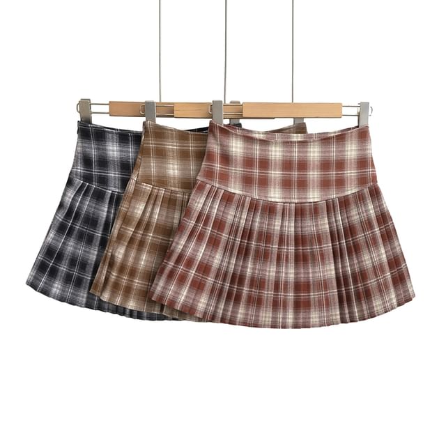 Pleated Plaid Mini Skirt - High Rise