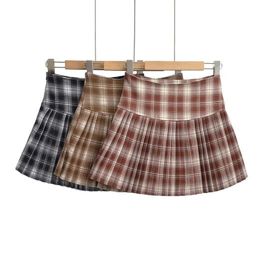 Pleated Plaid Mini Skirt - High Rise