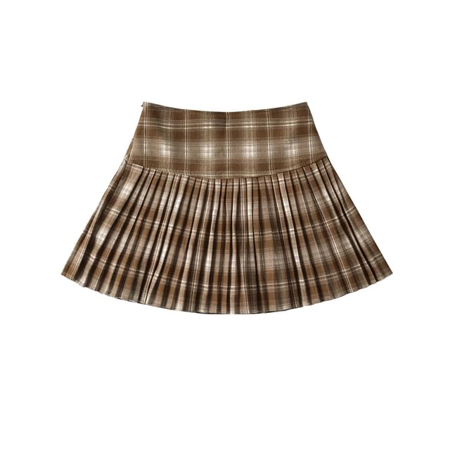Pleated Plaid Mini Skirt - High Rise