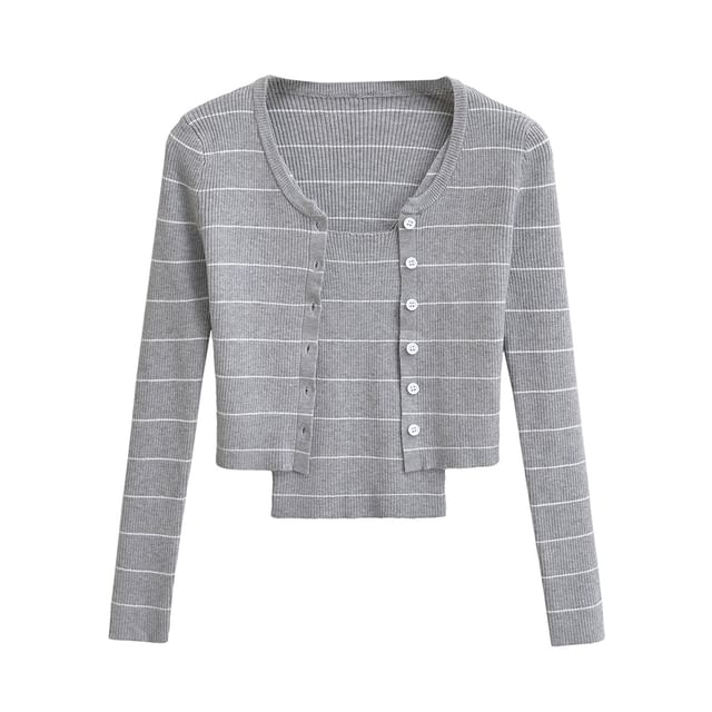 Striped Ribbed Cardigan and Camisole with Mini Skirt Set