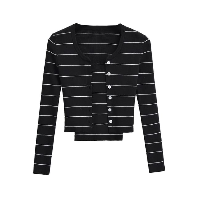 Striped Ribbed Cardigan and Camisole with Mini Skirt Set