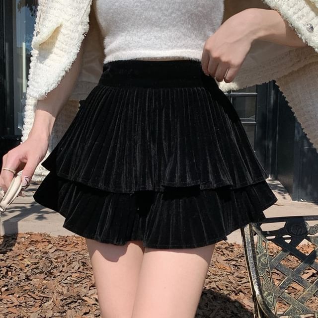 Tiered Pleated Mini A-Line Skirt with High Waist