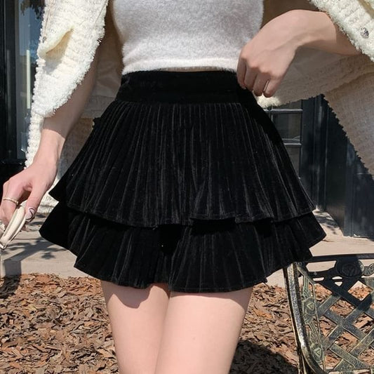 Tiered Pleated Mini A-Line Skirt with High Waist