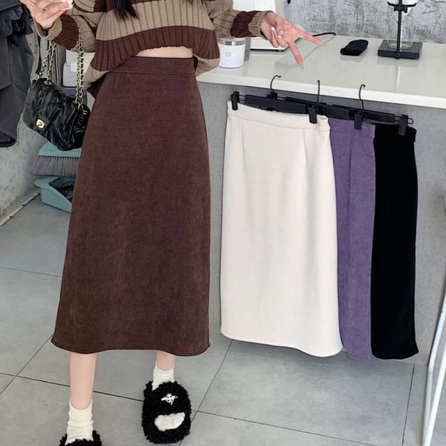 Plain Midi Straight Skirt with High Rise