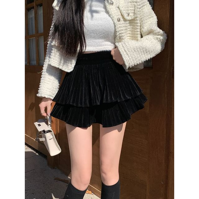 Tiered Pleated Mini A-Line Skirt with High Waist