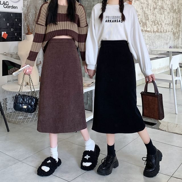 Plain Midi Straight Skirt with High Rise