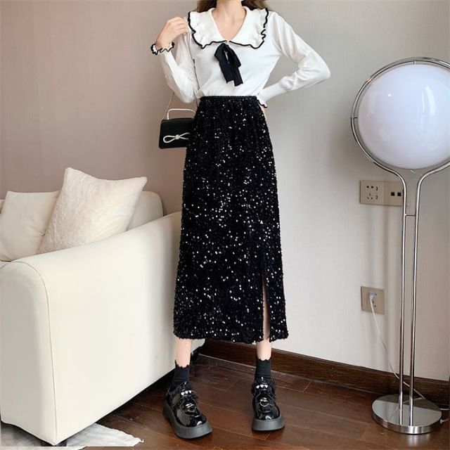 Sequin Side-Slit Midi Pencil Skirt with High Waist